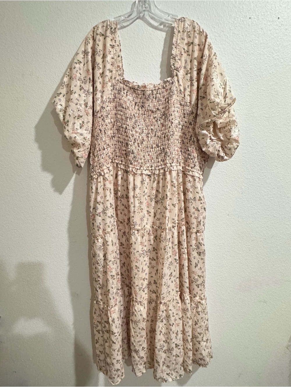 Smocked Floral Puff-Sleeve Midi Dress in Cream